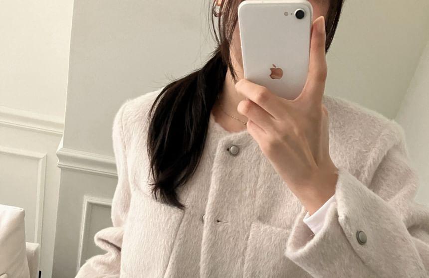 Round Neck Plain Button Jacket Product Image