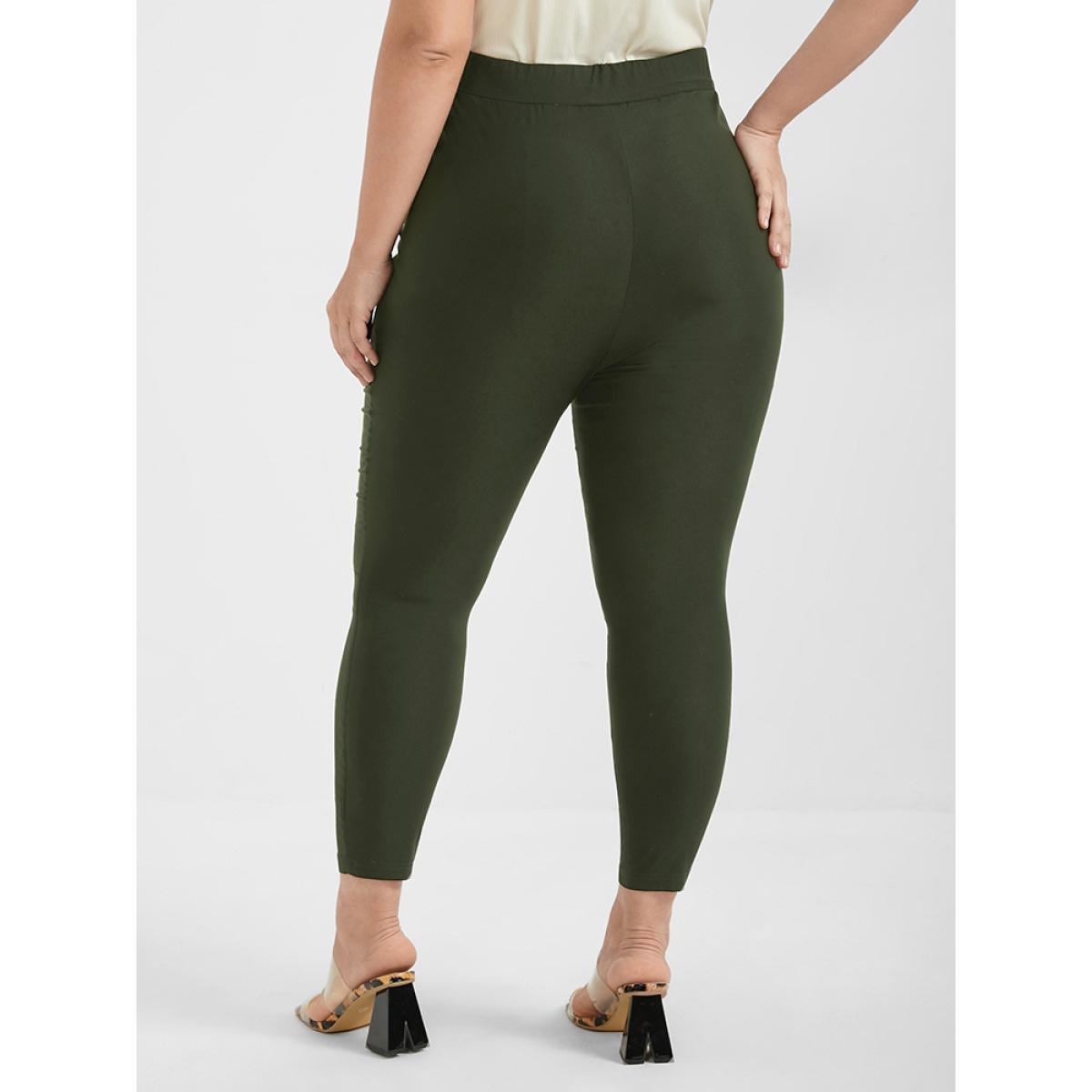 Plus Size Solid Button Skinny Pants Women ArmyGreen Office Skinny High Rise Work Pants BloomChic 14-16/1X Product Image