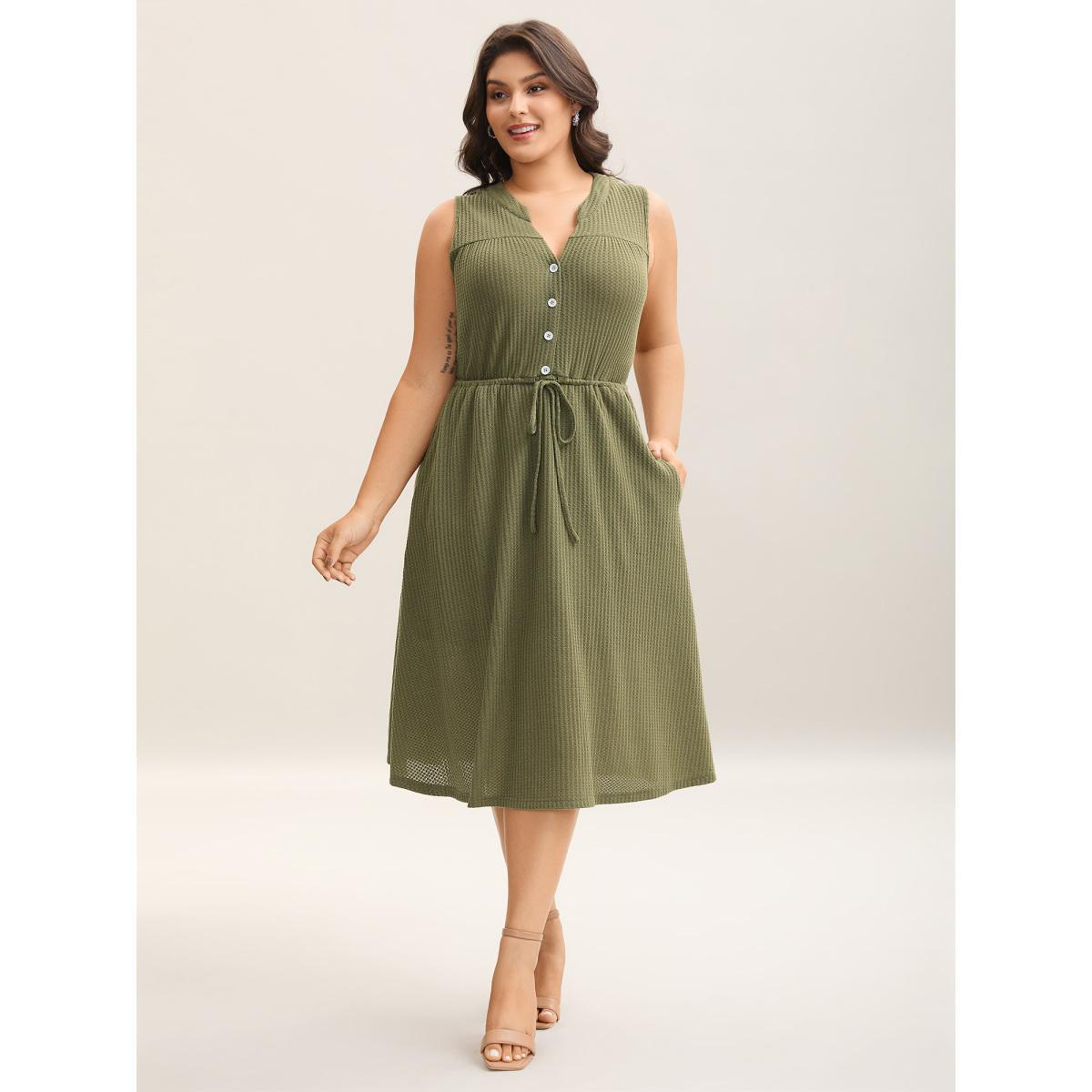 Plus Size Stretchy Textured Waist-Tie Midi Dress ArmyGreen Women Knit Dresses Bloomchic 18-20/2X Product Image