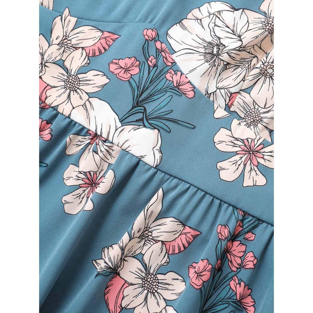 Plus Size Floral Frill Trim Shirred Pocket Square Neck Dress Stone Women Elegant Non Square Neck Short sleeve Curvy Midi Dress BloomChic 26/4X Product Image