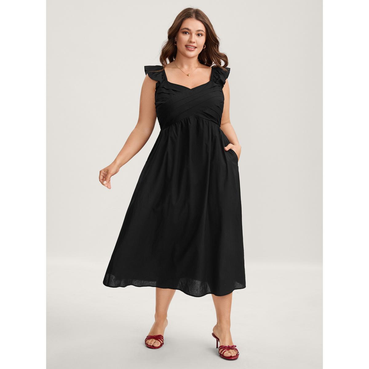 Plus Size Cotton Pleated Overlap Pockets Midi Dress Black Women Heart neckline Cap Sleeve Curvy BloomChic 14-16/1X Product Image