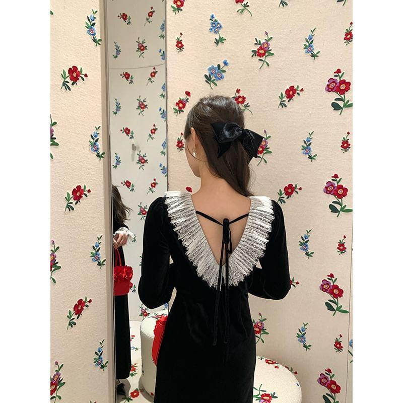 Long Sleeve Round Neck Lace Trim Velvet Midi A-Line Dress Product Image