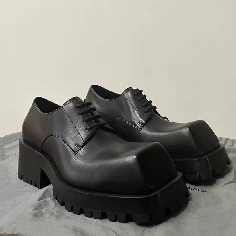 Platform Square Toe Plain Lace-Up Genuine Leather Shoes Product Image