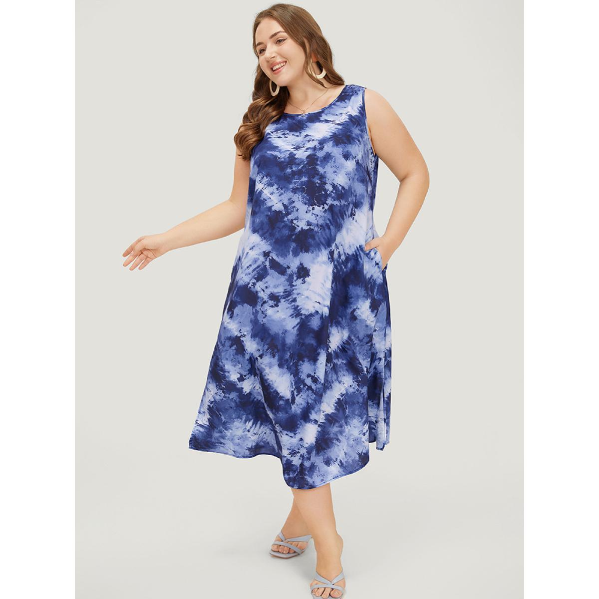 Plus Size Tie Dye Crew Neck Pocket Sleeveless Tank Dress DarkBlue Women Vacation Slit Round Neck Sleeveless Curvy Midi Dress BloomChic 18-20/2X Product Image