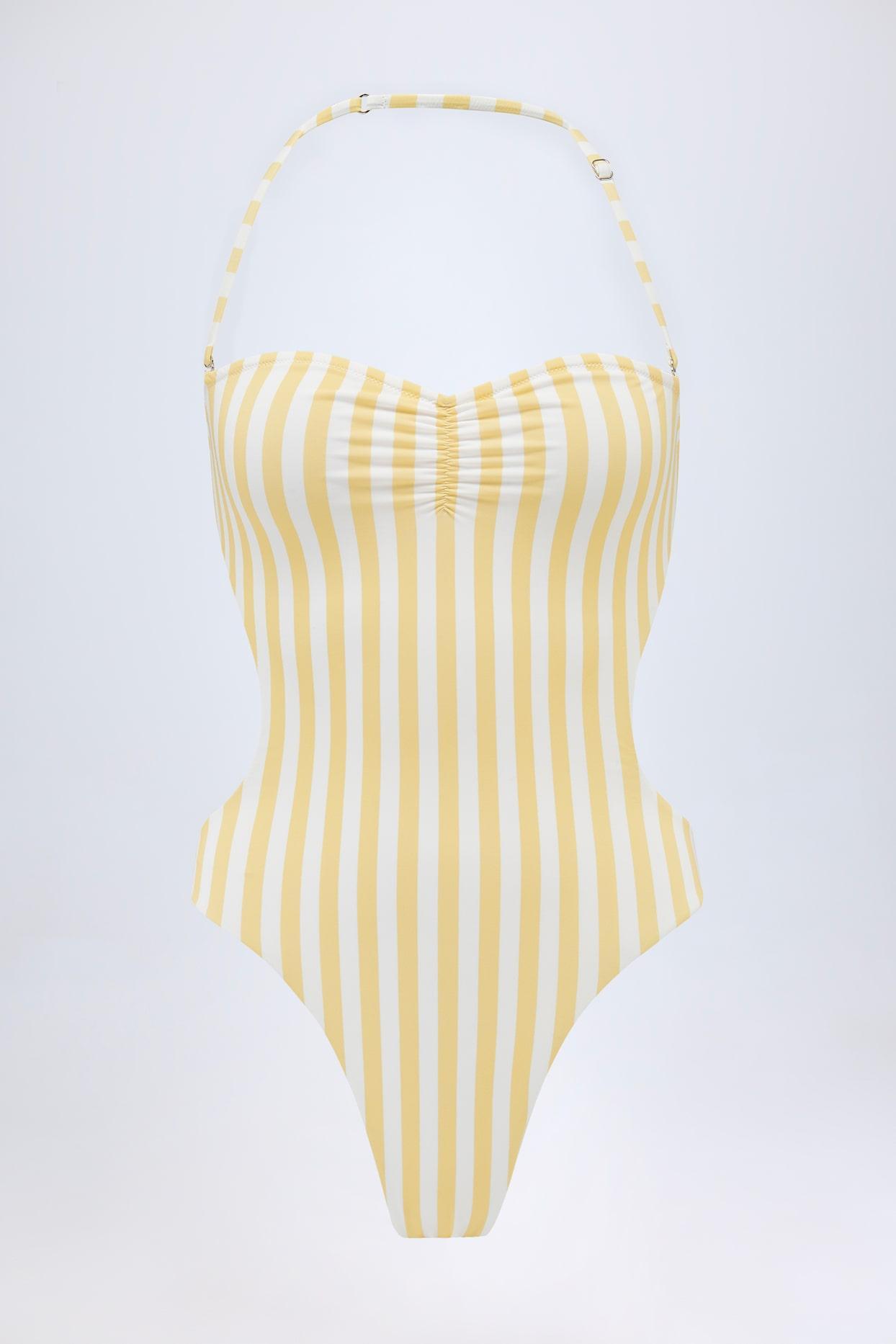 Cut-Out Halterneck Swimsuit in Lemon Yellow Stripe Product Image