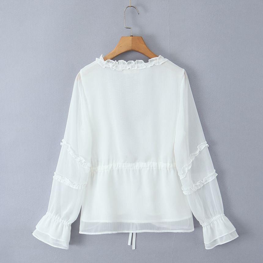 V-Neck Frill Trim Open Front Light Jacket Product Image