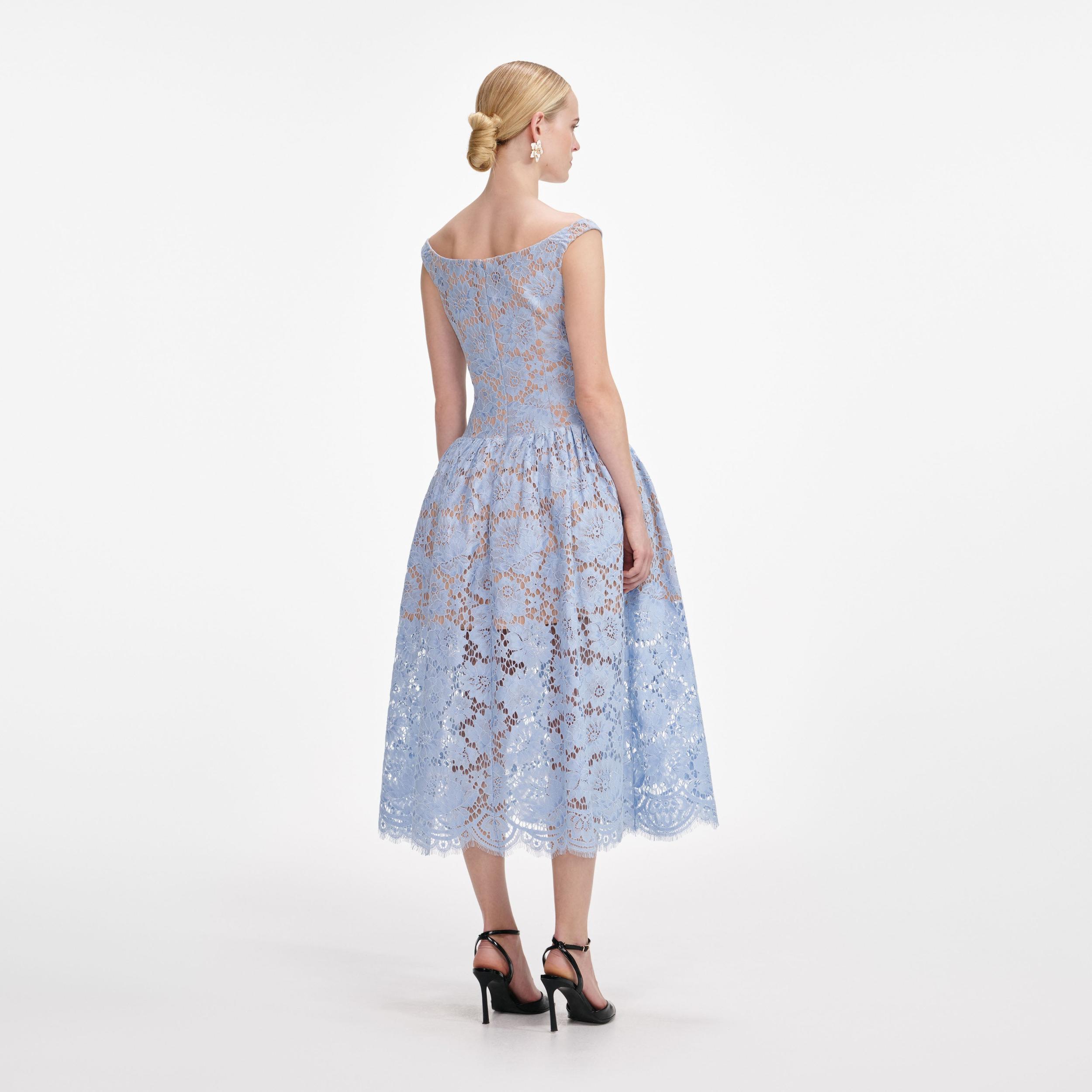 Blue Floral Lace Midi Dress Product Image
