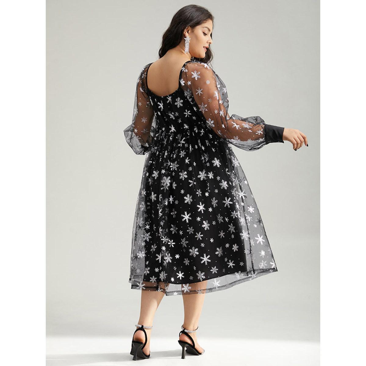 Plus Size Christmas Snowflake Glitter Mesh Square Neck Dress Black Women Party Gathered Square Neck Long Sleeve Curvy Midi Dress BloomChic 14-16/1X Product Image