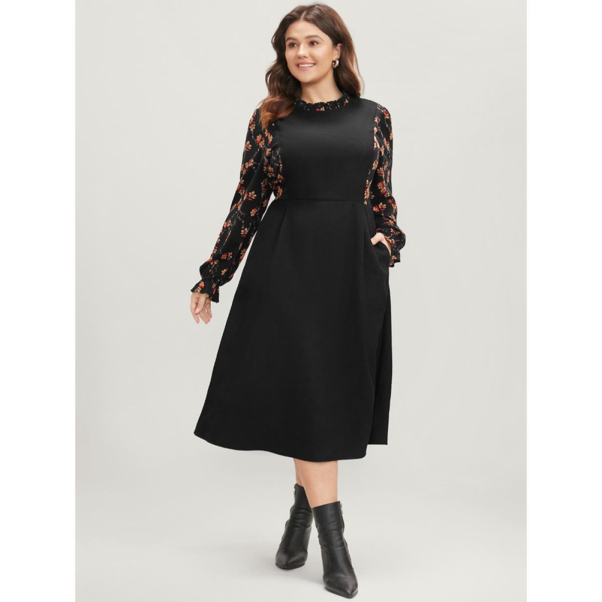 Plus Size Floral Patchwork Ruffle Trim Pocket Zipper Dress Black Women Elegant Zipper Stand-up collar Long Sleeve Curvy Midi Dress BloomChic 14-16/1X Product Image