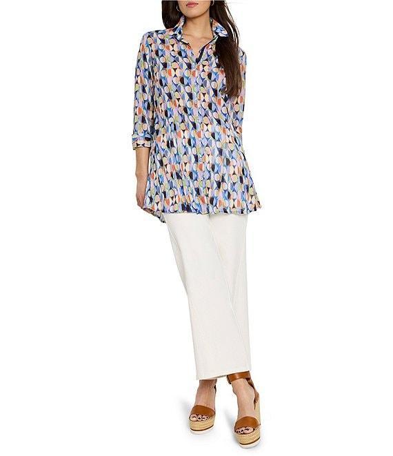 NIC + ZOE Woven Social Circles Print Crinkle Point Collar Long Sleeve Shirt Product Image