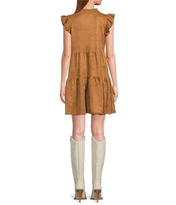 Skies Are Blue Faux Suede Split V-Neck Ruffle Cap Sleeve Tier Dress Product Image