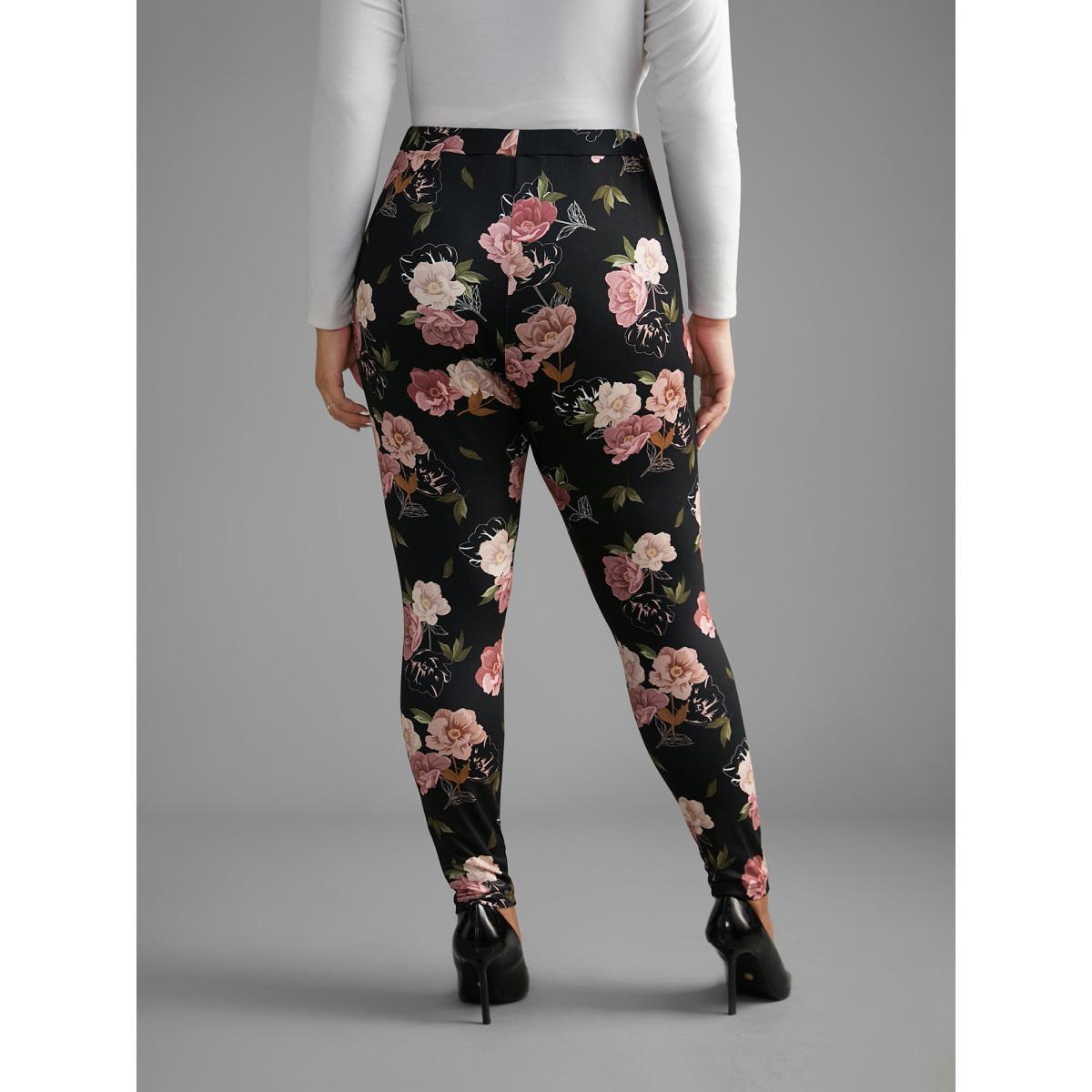 Plus Size Floral Mid Rise Skinny Leggings Women BlackFlower Elegant Medium stretch Skinny Mid Rise Everyday Leggings BloomChic 30/6X Product Image