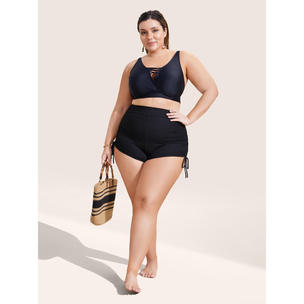 Plus Size Plain Gathered Tie Knot High Rise Swim Bottom Women's Swimwear Black Beach Tie knot High stretch Skinny High Rise Curve Swim Bottoms BloomChic 18-20/2X Product Image