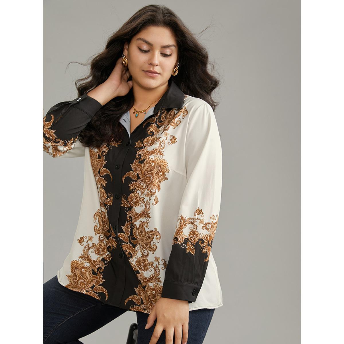 Plus Size Multicolor Boho Print Contrast Shirt Collar Blouse Women Vacation Long Sleeve Shirt collar Vacation Blouses BloomChic 30/6X Product Image