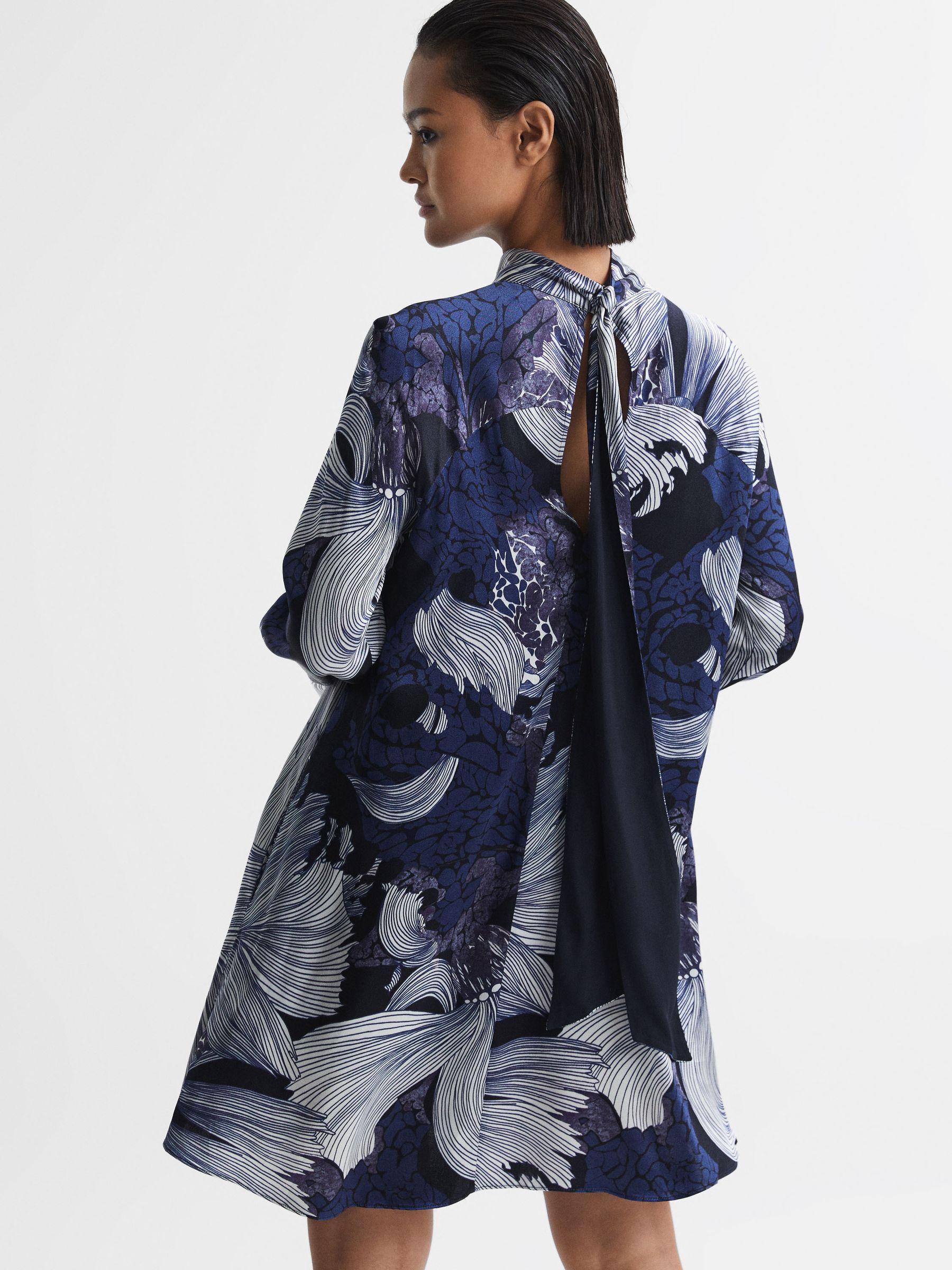 Relaxed Satin Printed Mini Dress in Blue/White Product Image