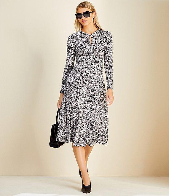 Michael Kors Printed Keyhole Chain Neckline Long Sleeve A-Line Midi Dress Product Image