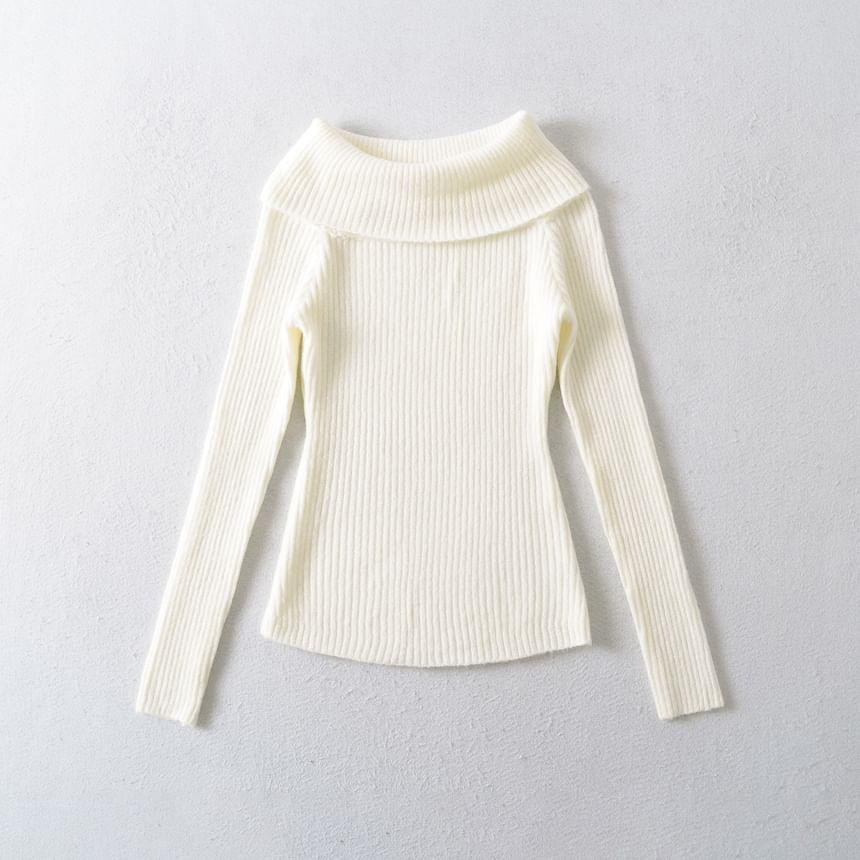 Off-Shoulder Long-Sleeve Plain Ribbed Knit Top Product Image