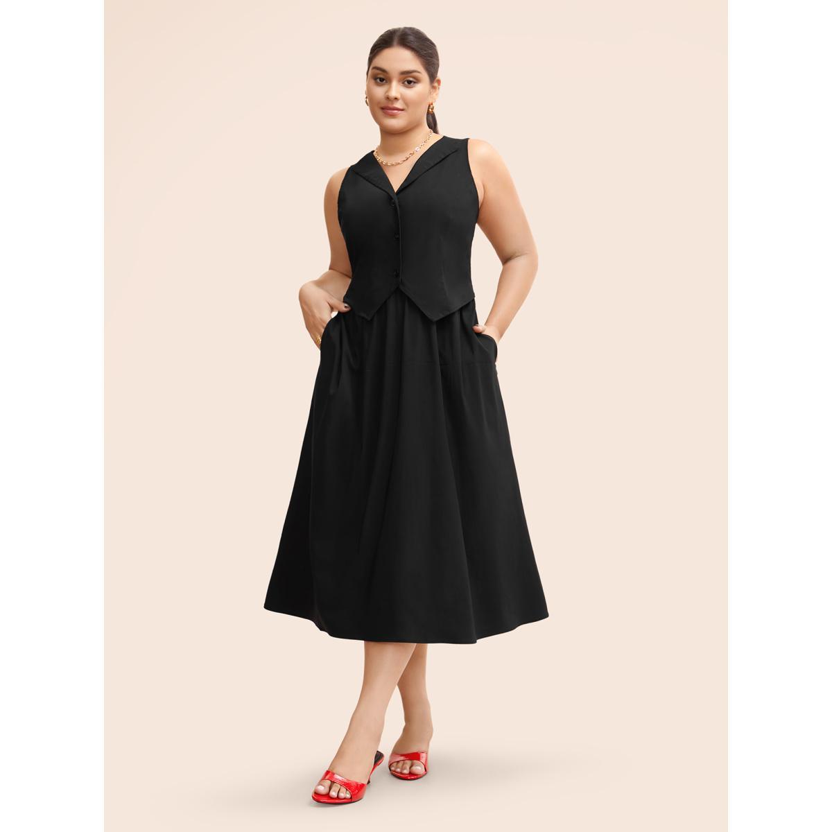 Plus Size Stretch Woven Vest Flare Midi Dress Black Women At the Office Button Suit Collar Sleeveless Curvy BloomChic 18-20/2X Product Image