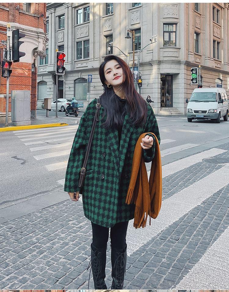 Notch Lapel Plaid Double-Breasted Coat Product Image