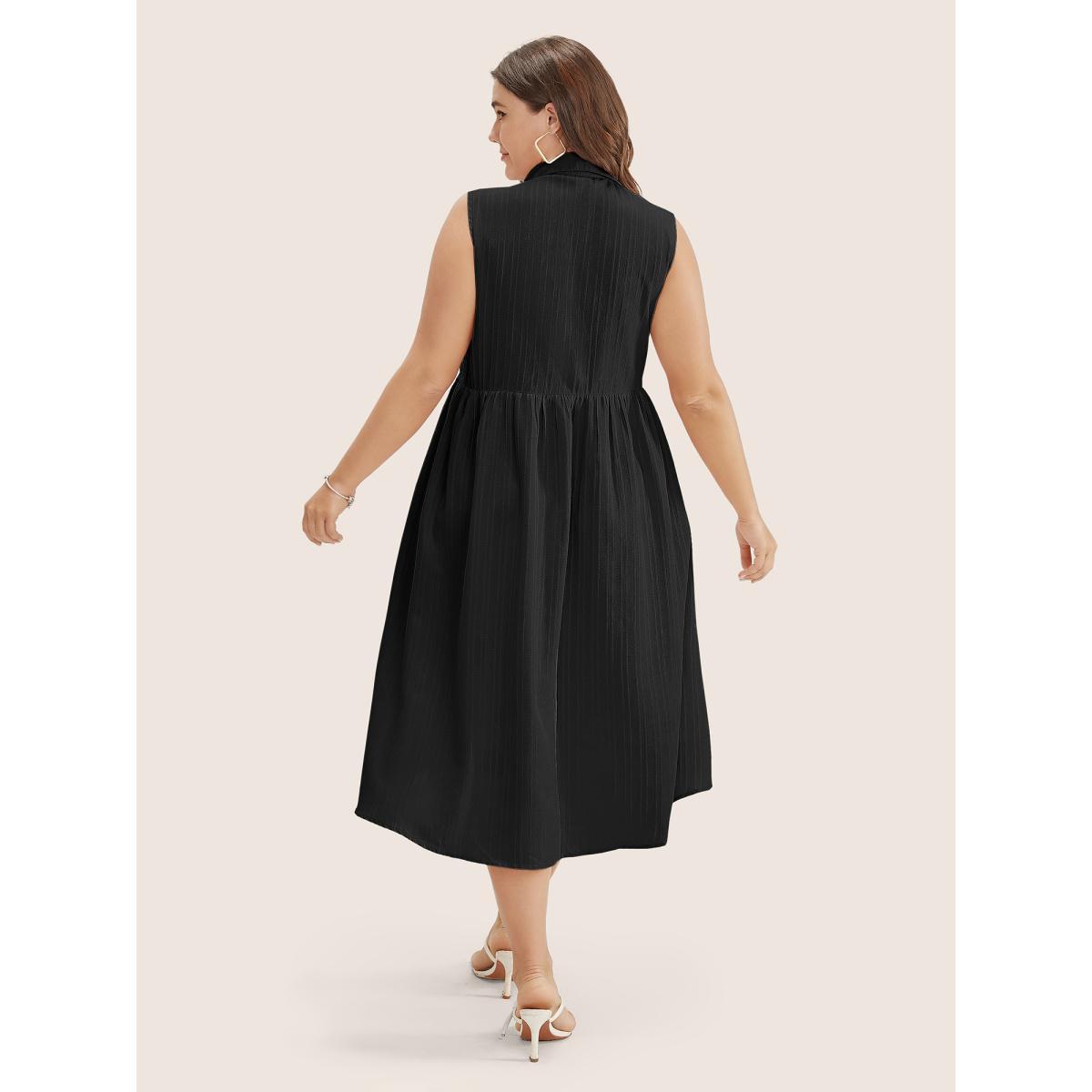 Plus Size Solid Shirt Collar Ruffle Pocket High Low Hem Button Up Dress Black Women At the Office Non Polo Sleeveless Curvy Midi Dress BloomChic 10/M Product Image