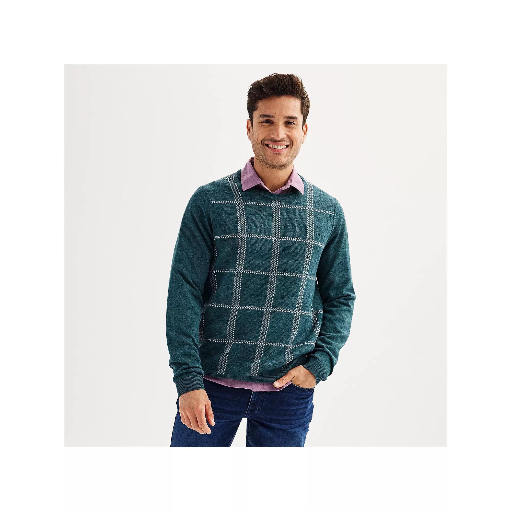 Men's Apt. 9® Merino Wool Plaid Crewneck Sweater, Size: Small, Blue Plaid Product Image