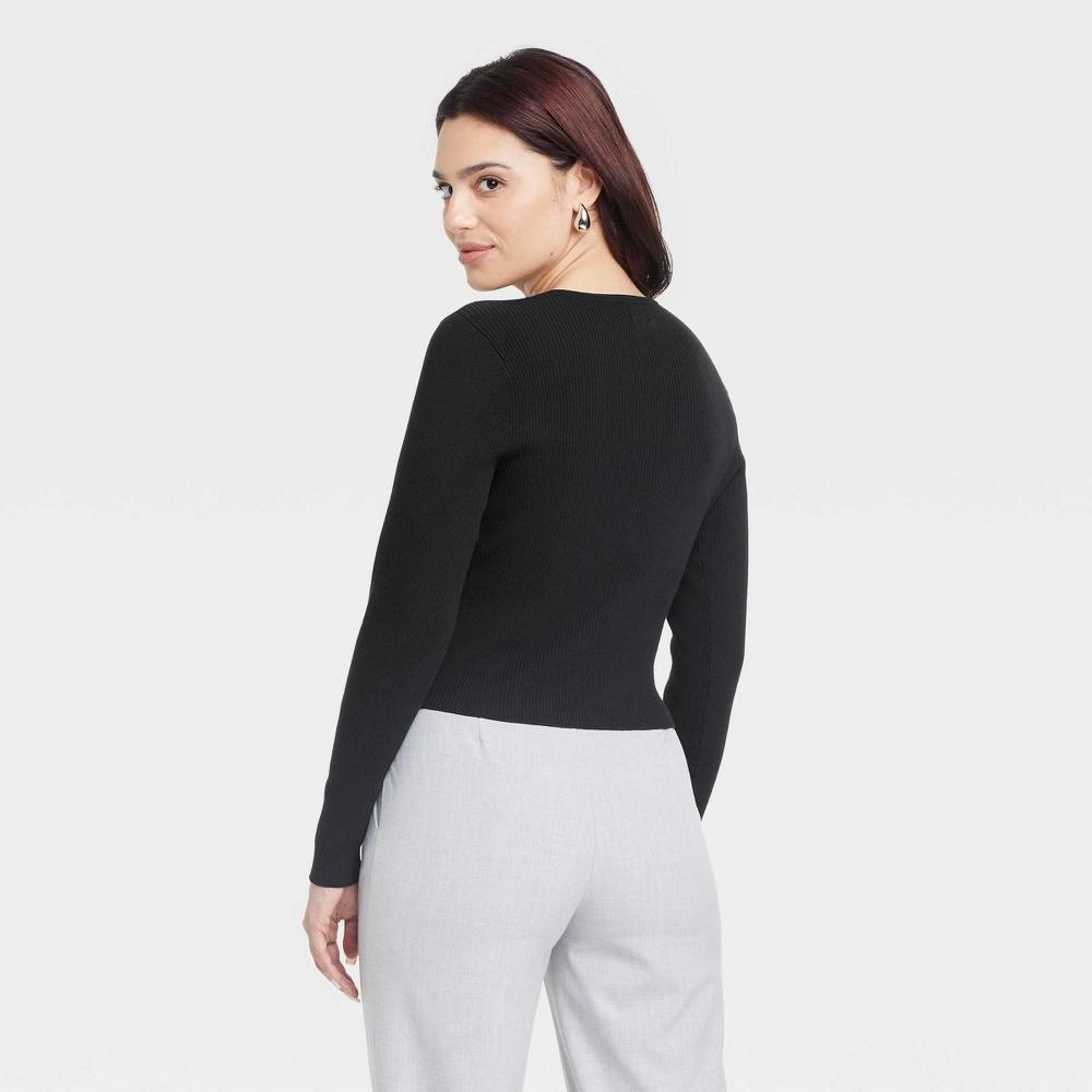 Womens Rib Cardigan - A New Day Black L: Cotton Blend, Front Button Down, Long Sleeve, Crew Neck, Below Waist Length Product Image