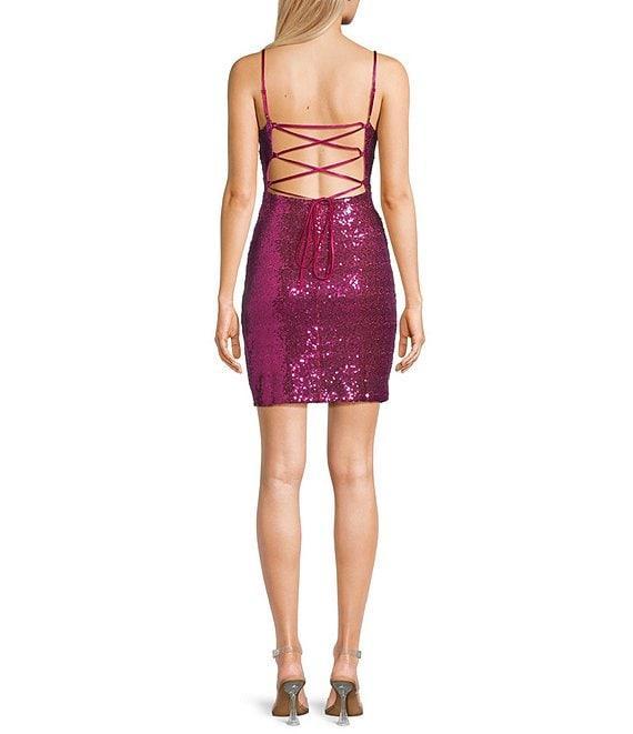 Honey and Rosie Spaghetti Lace-Up Strap Sequin Short Fitted Dress Product Image