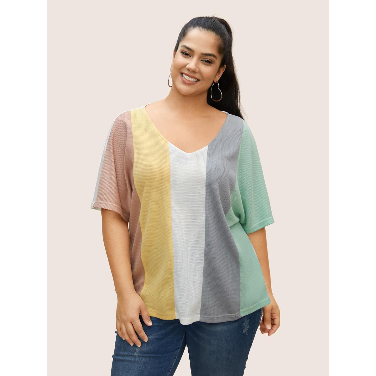 Plus Size Contrast Waffle Knit Dolman Sleeve T-shirt Multicolor Women Casual Contrast V-neck Everyday T-shirts BloomChic 30/6X Product Image