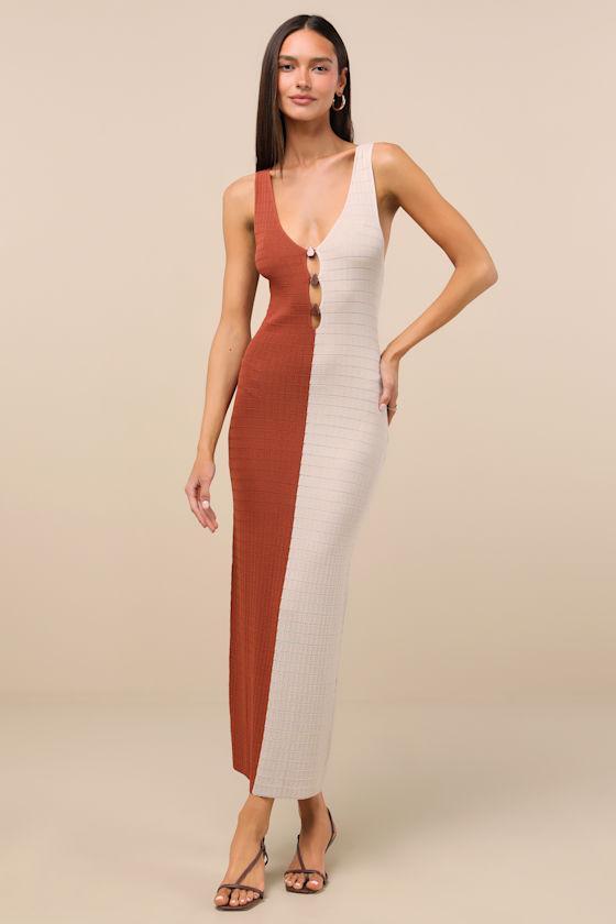 Oleta Rust and Light Beige Color Block Textured Knit Midi Dress Product Image