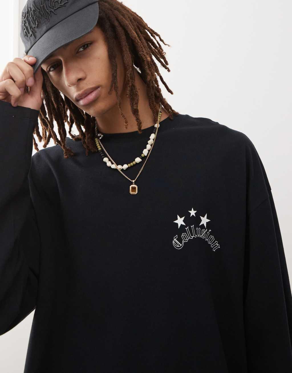 COLLUSION long sleeve skater t-shirt with back graphic in black Product Image