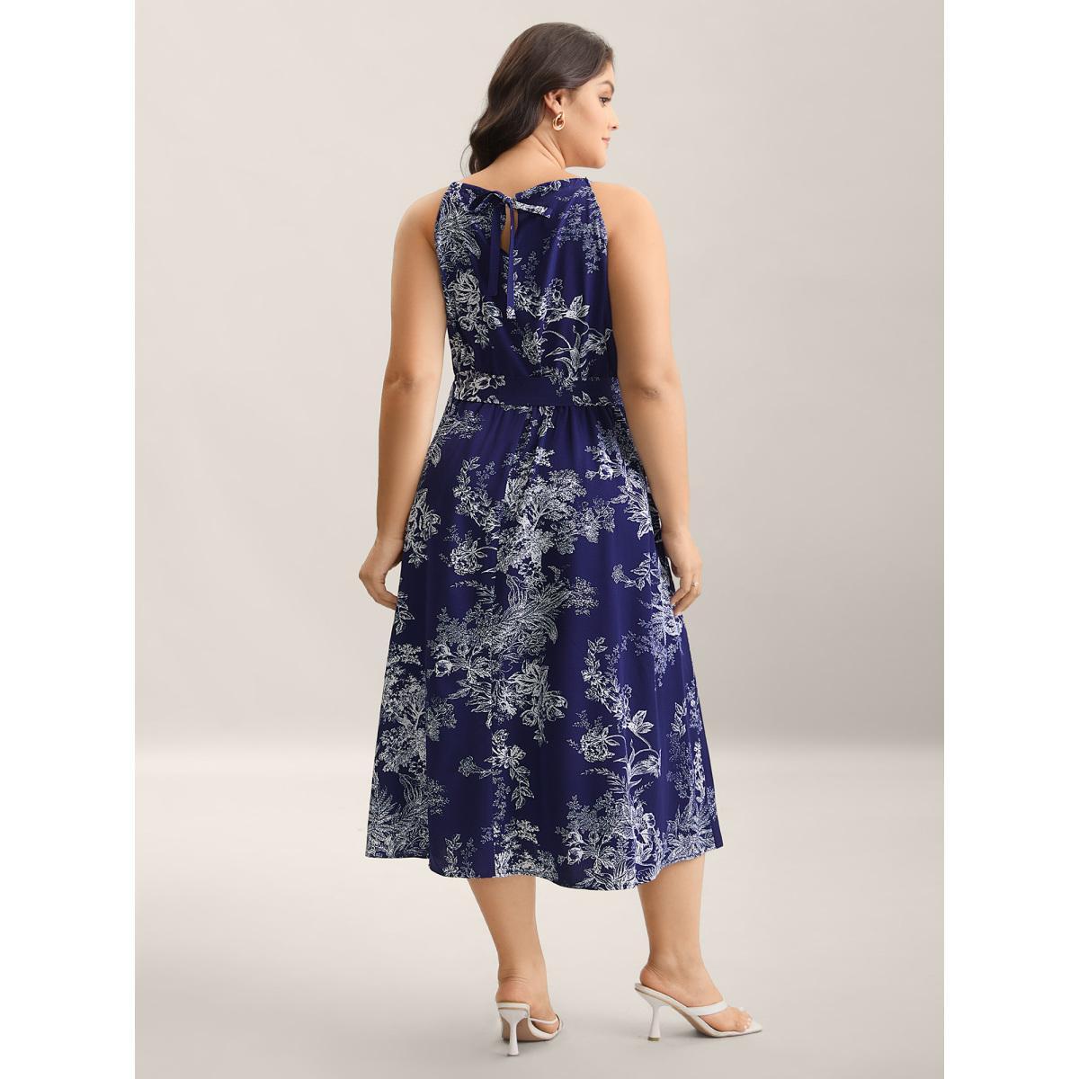 Plus Size Spring Time Florals Sleeveless Midi Dress DarkBlue Women Elegant Gathered Halter neck Sleeveless Curvy BloomChic 10/M Product Image