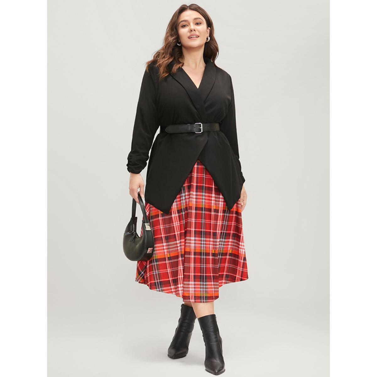 Plus Size Plaid Patchwork Pocket Cable Knit Belted Surplice Neck Dress Black Women Elegant Patchwork V-neck Long Sleeve Curvy Midi Dress BloomChic 12/L Product Image