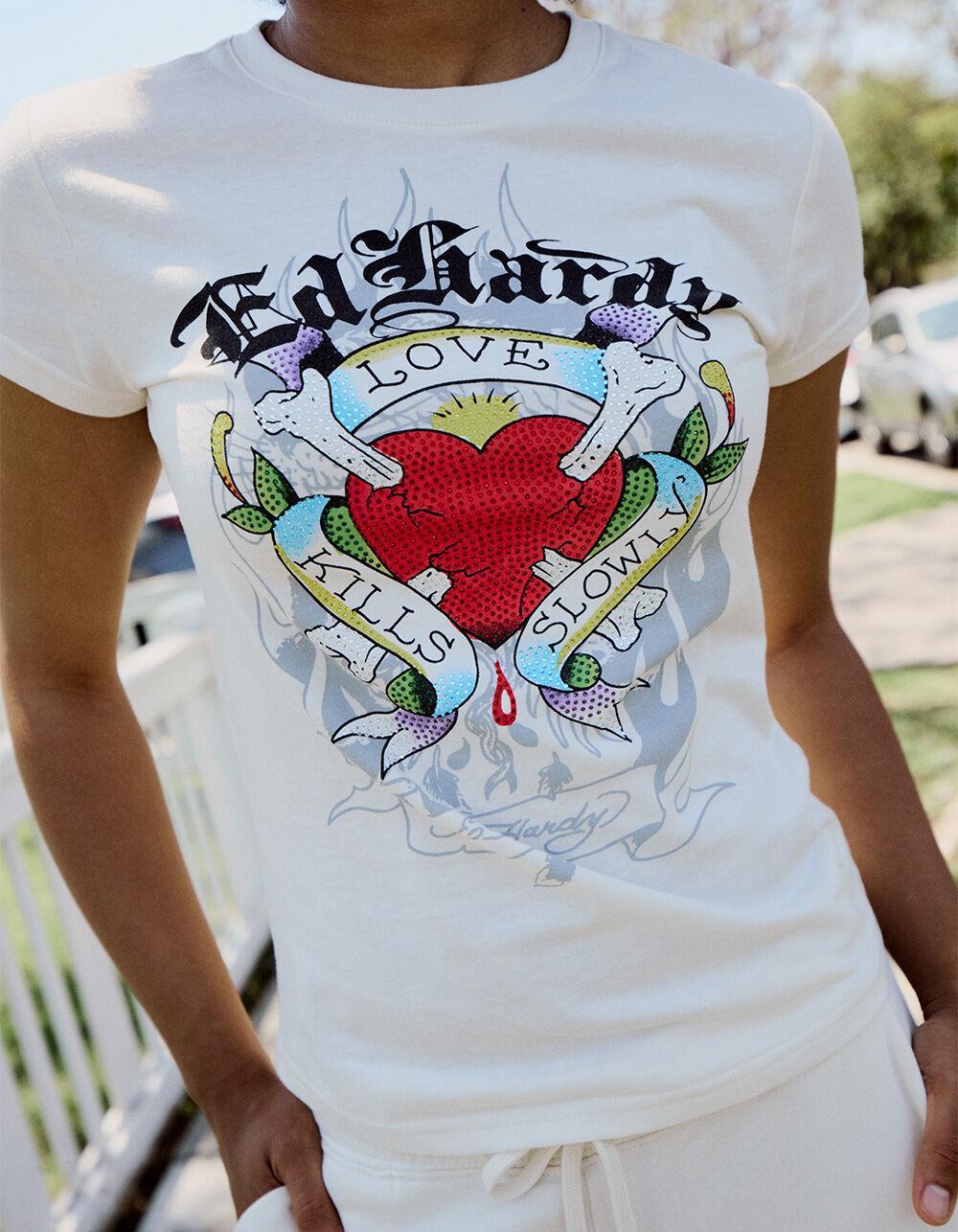 ED HARDY Love Kills Slowly Rhinestone Womens Fitted Tee - IVORY Product Image