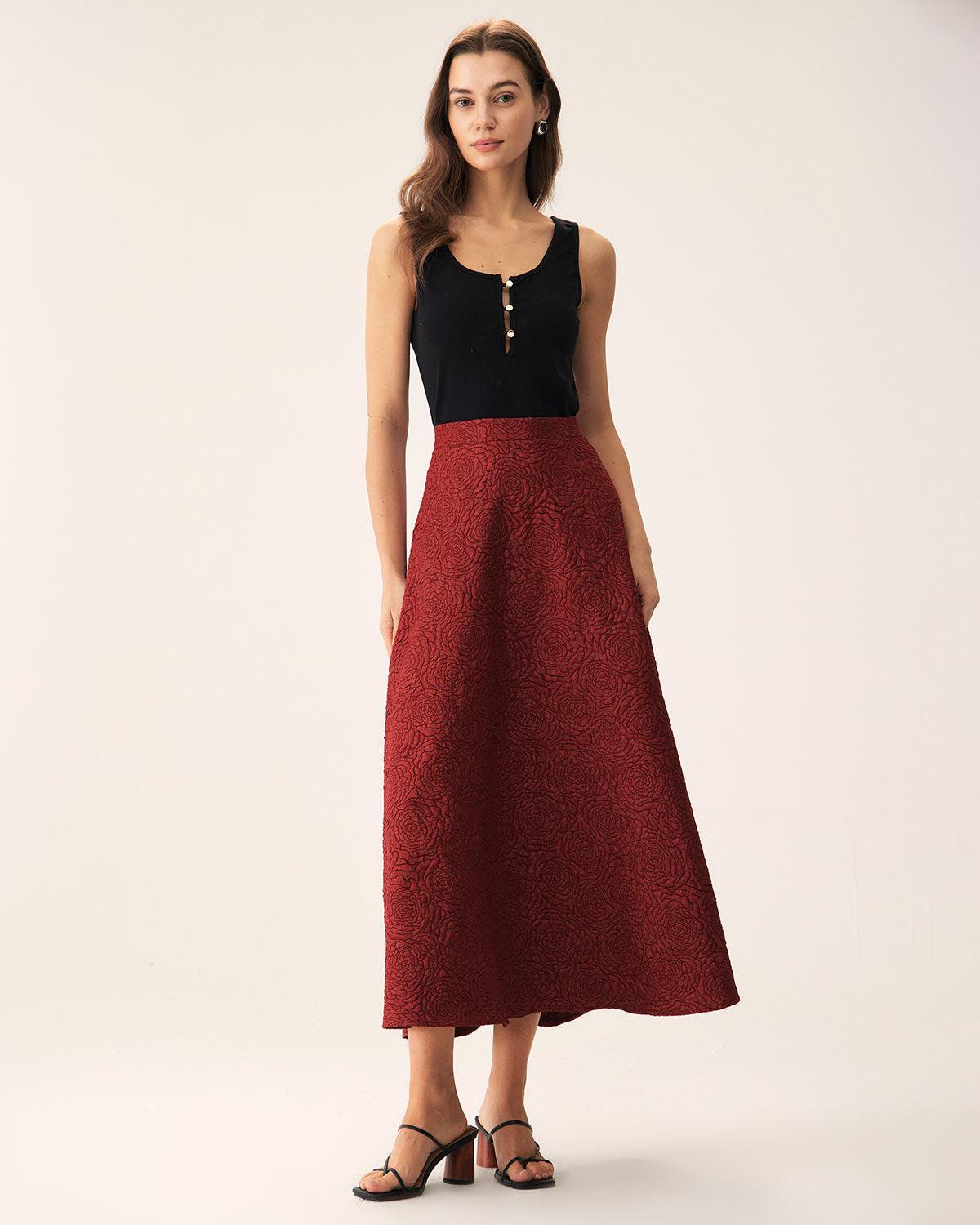 Red Jacquard A-line Midi Skirt Product Image