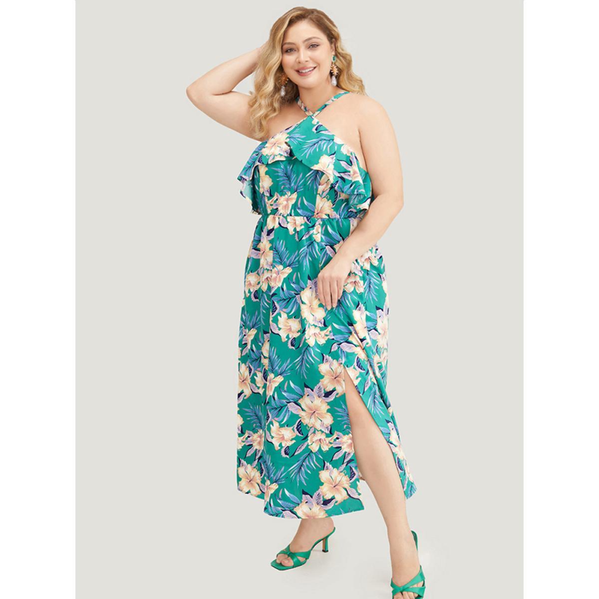 Plus Size Floral Halter Neck Pocket Ruffle Trim Split Hem Dress Green Women Vacation Adjustable Straps Halter neck Sleeveless Curvy Midi Dress BloomChic 14-16/1X Product Image
