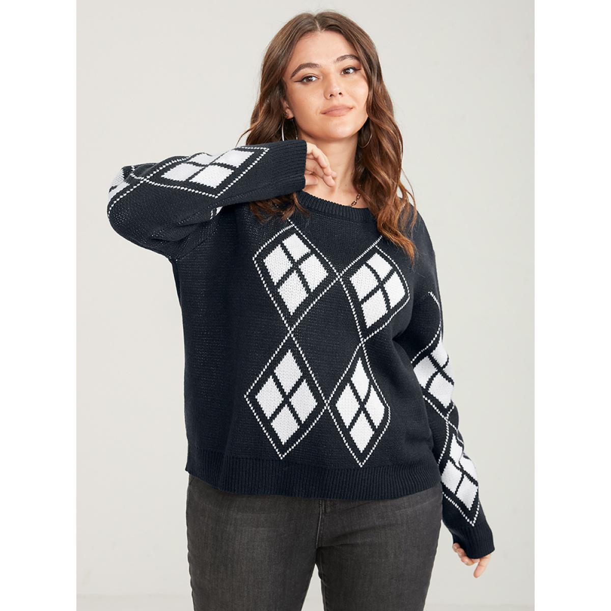 Plus Size Geometric Contrast Pointelle Knit Round Neck Knit Top Black Women Casual Long Sleeve Round Neck Dailywear Pullovers BloomChic 14-16/1X Product Image