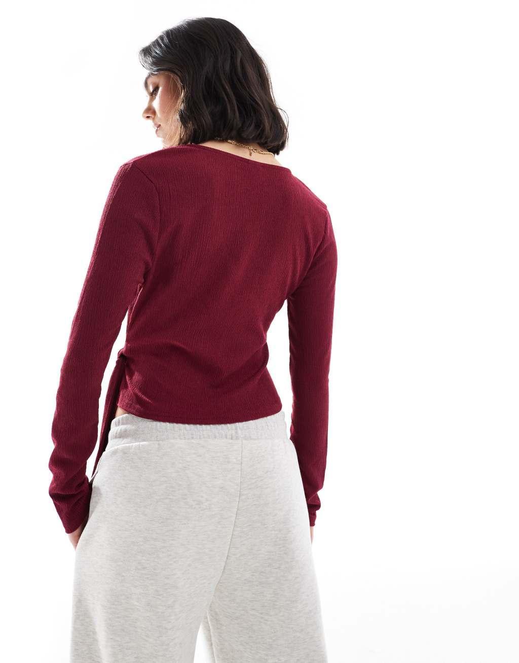 Miss Selfridge wrap top in burgundy Product Image