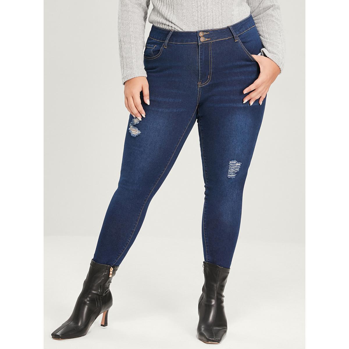 Plus Size Skinny Extremely Stretchy High Rise Dark Wash Distressed Jeans Women Blue Casual Plain Distressed High stretch Pocket Jeans BloomChic 20/2X Product Image