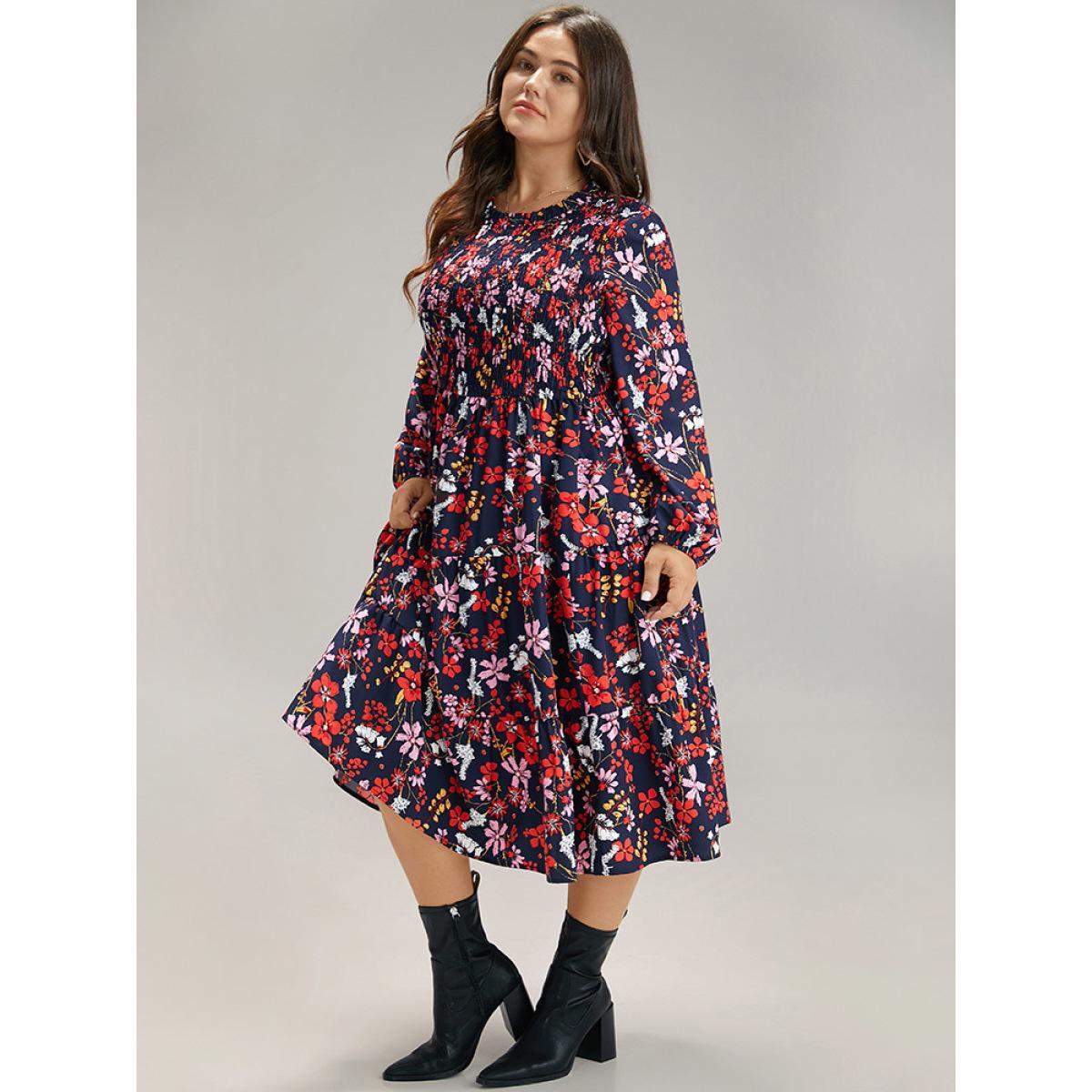 Plus Size Floral Print Keyhole Shirred Dress DarkBlue Women Elegant Elastic cuffs Mock Neck Long Sleeve Curvy Midi Dress BloomChic 26/4X Product Image