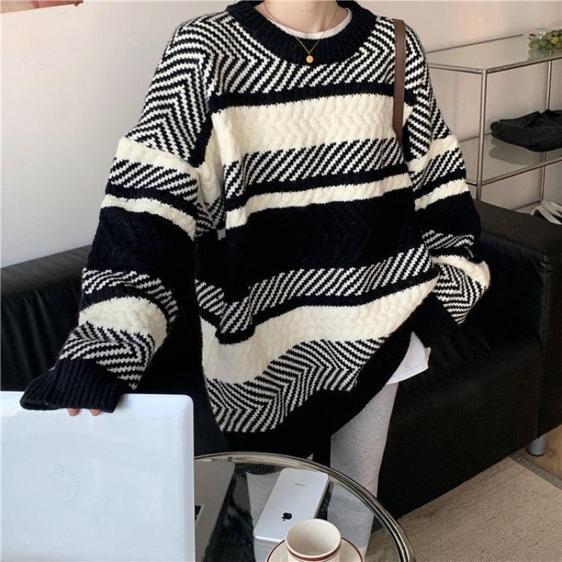 Round Neck Herringbone Oversized Sweater Product Image