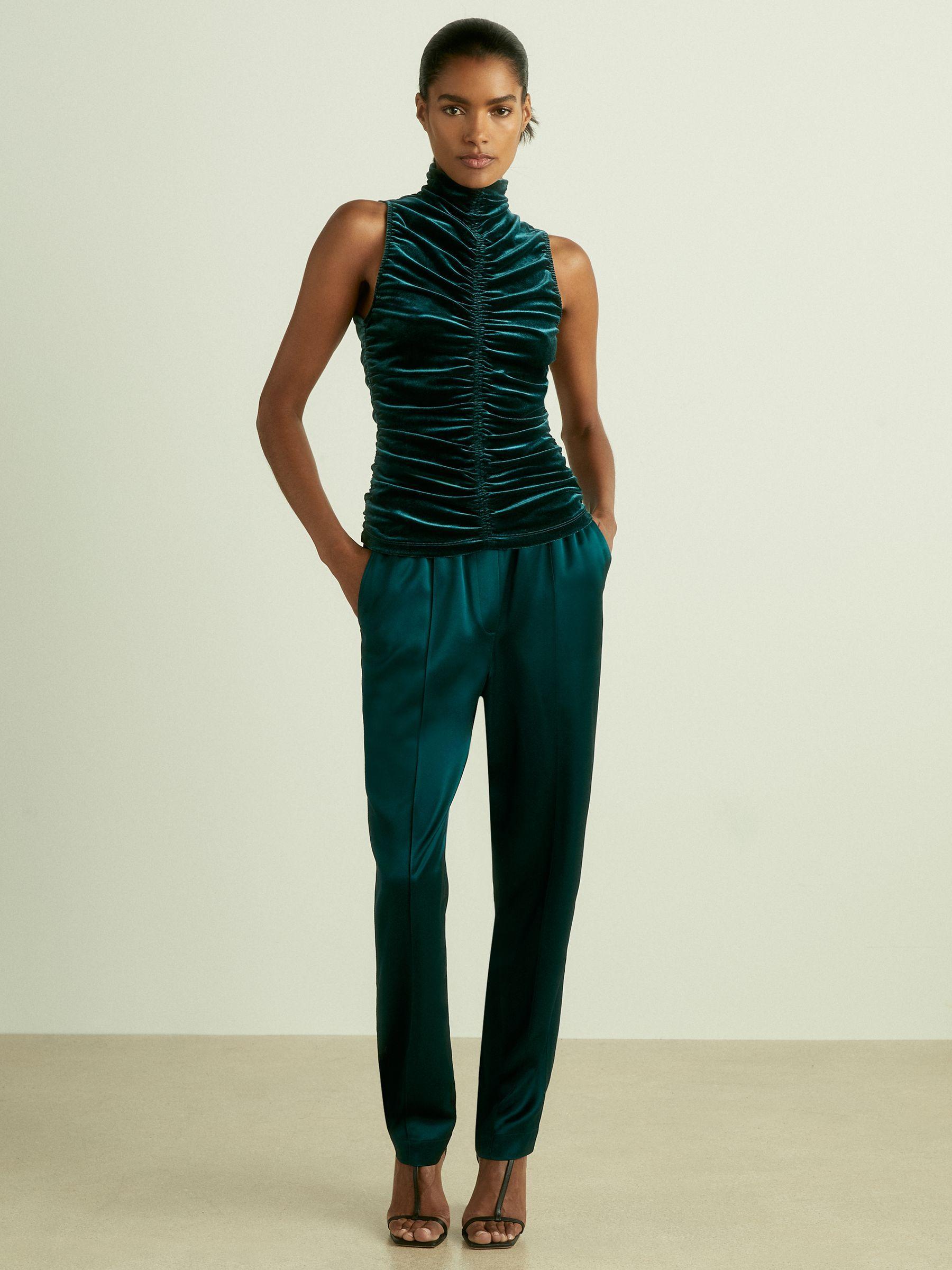 Racer-Front Ruched-Velvet Sleeveless Top in Teal Product Image