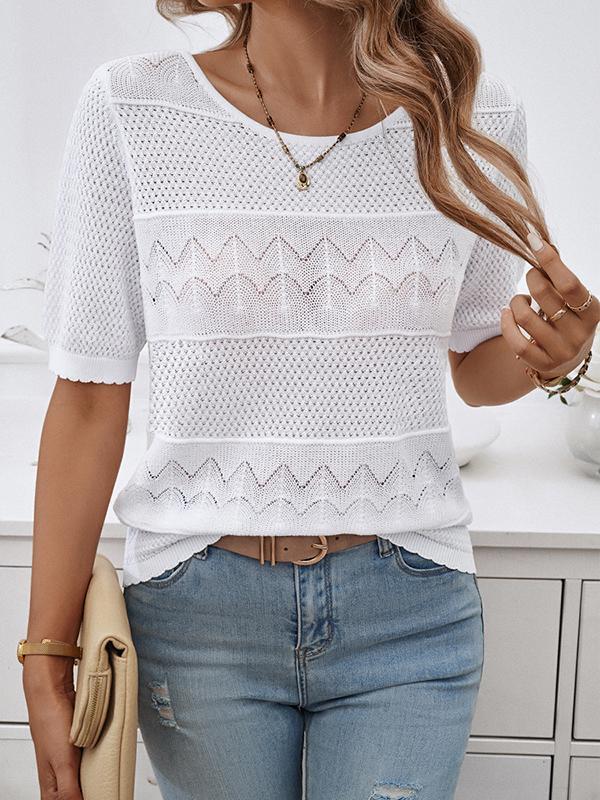 Half Sleeves Loose Hollow Jacquard Solid Color Round-Neck T-Shirts Tops Product Image