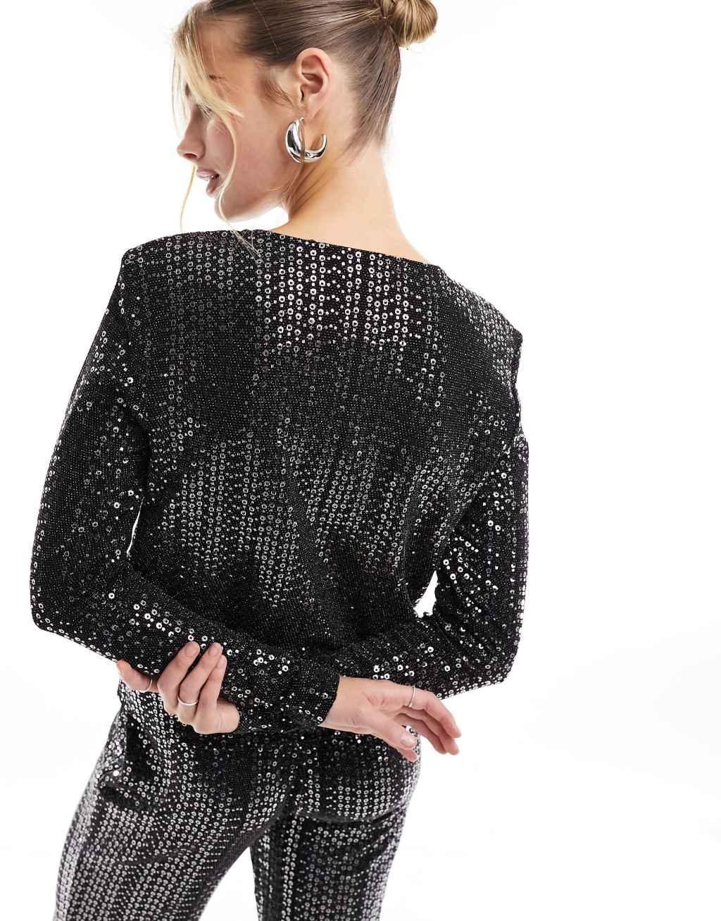 Pieces sequin long sleeve top in black - part of a set Product Image