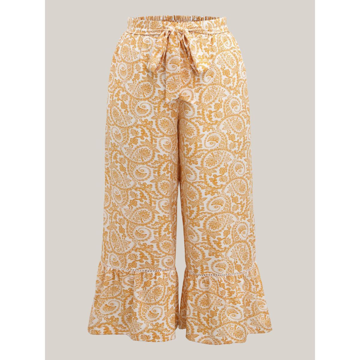 Plus Size Paisely Print Lace Trim Wide-Leg Pants Women Lightyellow Resort Wide Leg Mid Rise Vacation Pants BloomChic 28/5X Product Image