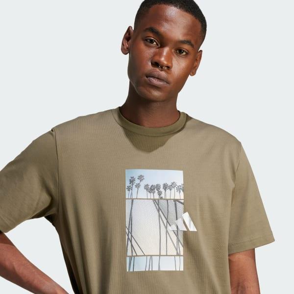 adidas Lens Elevated Graphic Tee Olive Strata M Mens Product Image