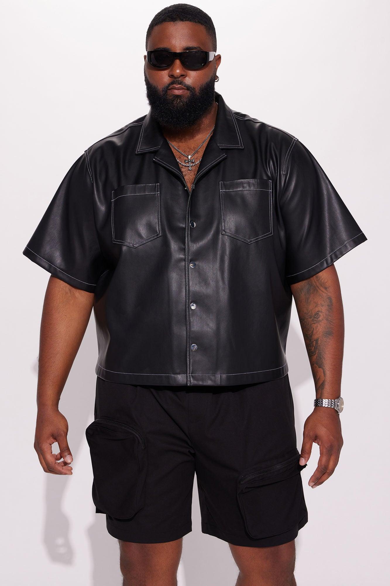 Simple Times Faux Leather Short Sleeve Shirt - Black Product Image