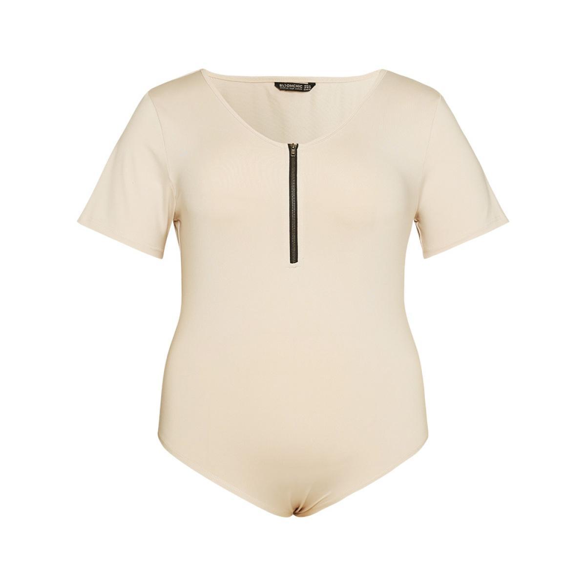 Plus Size Plain Zipper Half Crew Neck Bodysuit Women Champagne Plain Zipper Bodysuits BloomChic 12/L Product Image