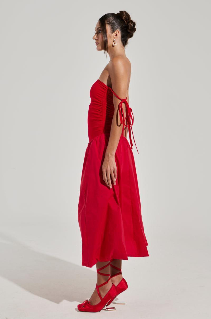 SITTING PRETTY POPLIN MIDI DRESS IN RED Product Image