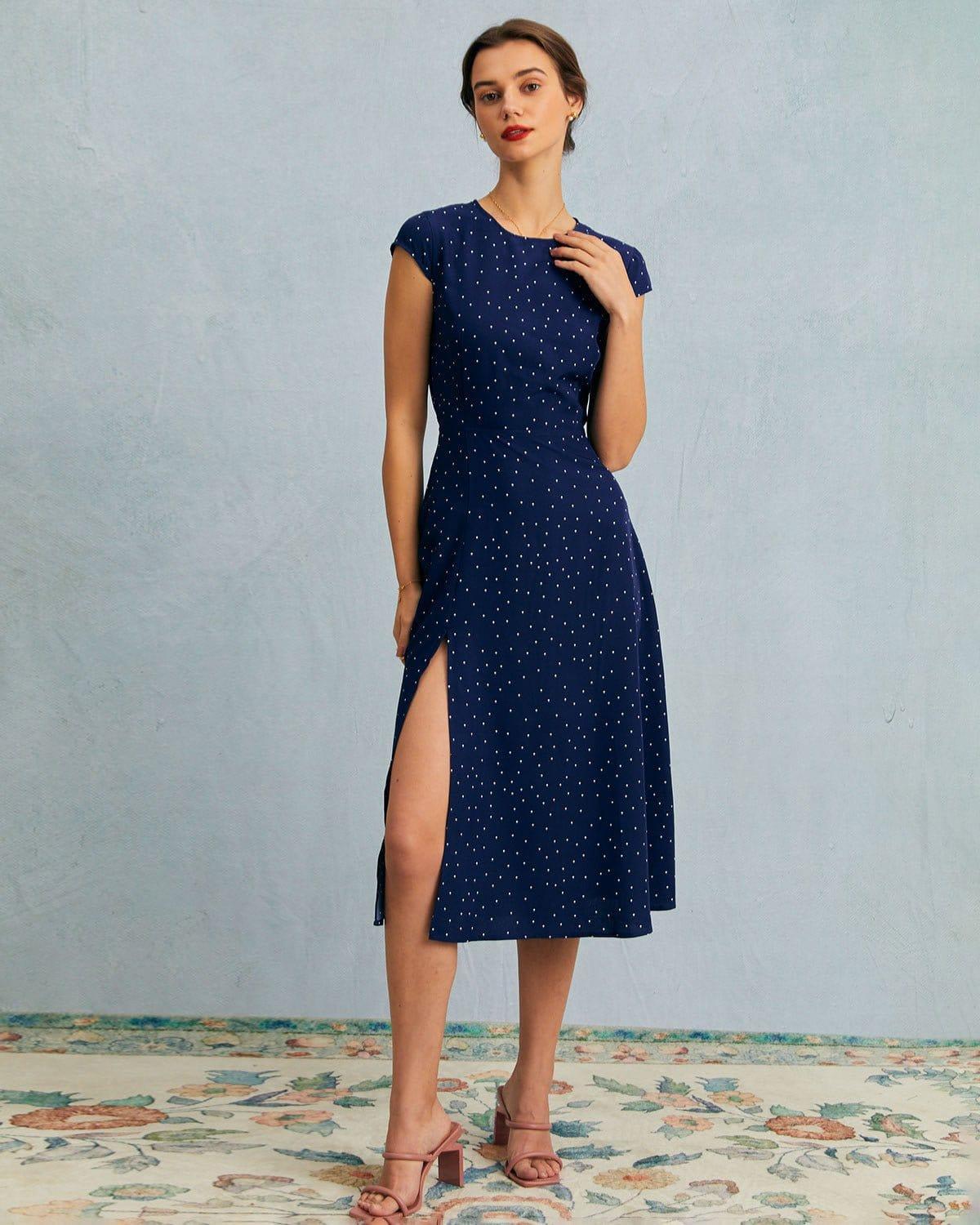 The Navy Round Neck Polka Dot Cutout Midi Dress Product Image