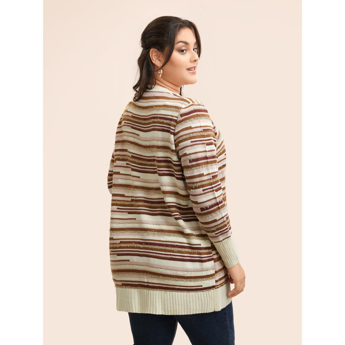 Plus Size Striped Kimono Collar Pocket Cardigan Beige Women Casual Loose Long Sleeve Everyday Cardigans BloomChic 30/6X Product Image